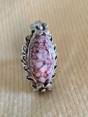 Sterling Silver Floral Frame Pink and White Marbled Stone Ring